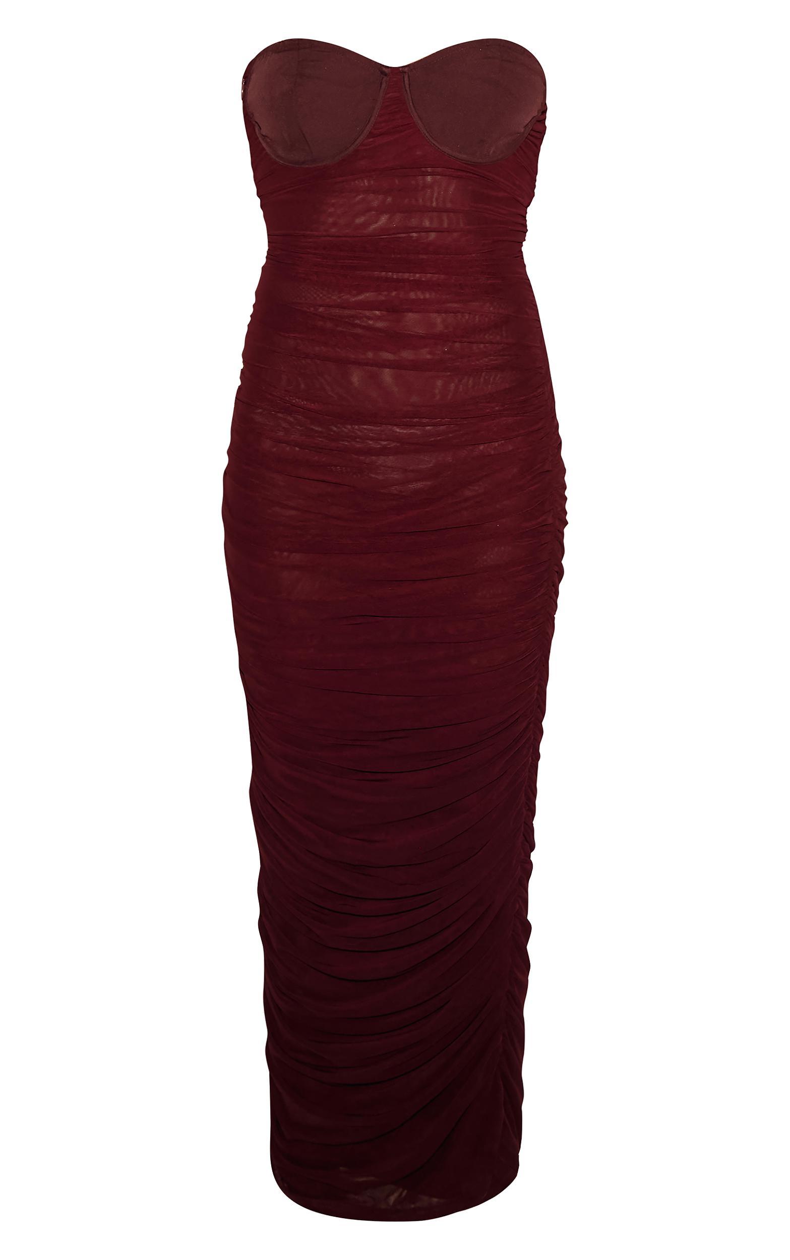 Burgundy Mesh Ruched Cup Detail Maxi Dress Product Image
