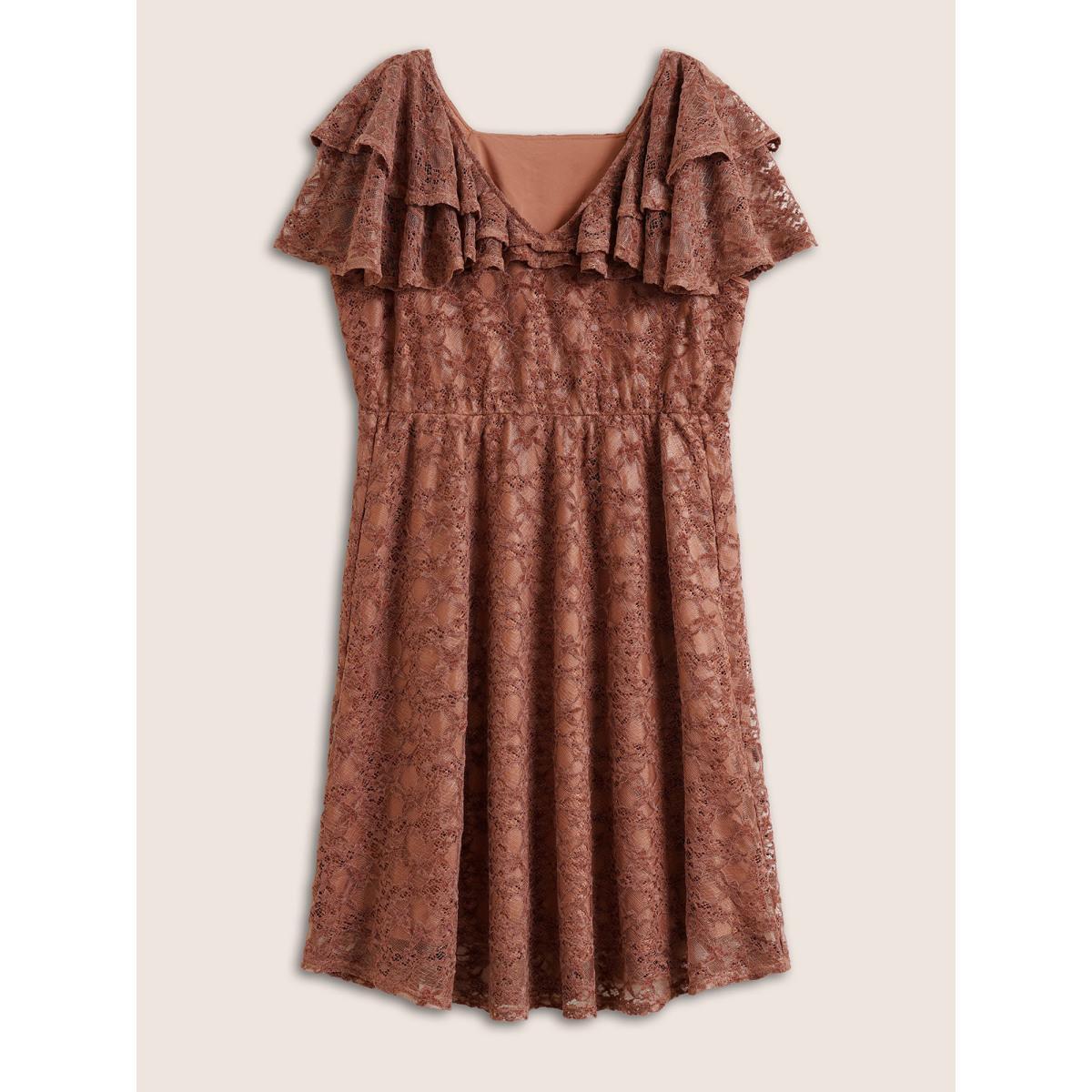 Plus Size Crochet Lace Mesh Tiered Ruffle Trim Dress Burgundy Women Elegant Texture V-neck Sleeveless Curvy Midi Dress BloomChic 26/4X Product Image