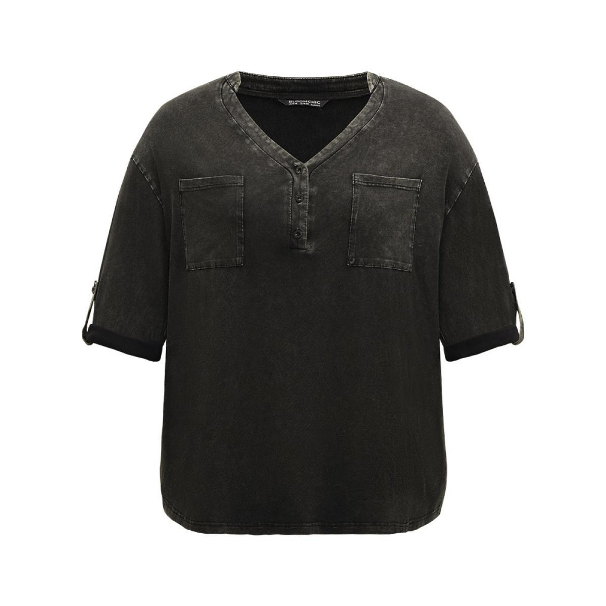 Plus Size Vintage Roll Tab Sleeve Button Up T-shirt Black Women Casual Plain Plain V-neck Dailywear T-shirts BloomChic 26/4X Product Image