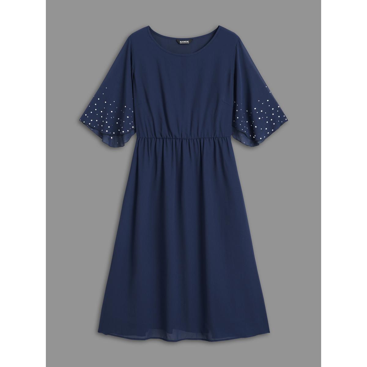 Plus Size Rhinestone Elastic Waist Ruffle Sleeve Dress Navy Women Cocktail Rhinestone detailing Party Curvy Bloomchic 14-16/1X Product Image