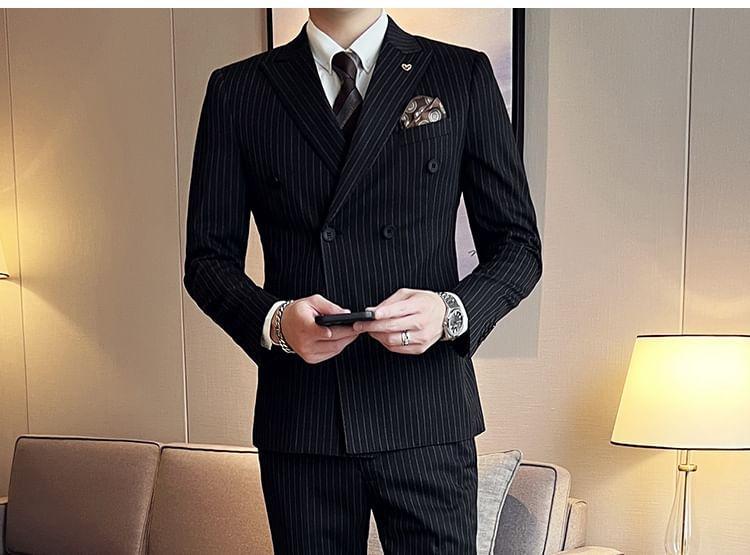 Set: Peak Lapel Striped Double-Breasted Blazer + Mid Rise Cropped Straight Leg Dress Pants + V-Neck Vest Product Image