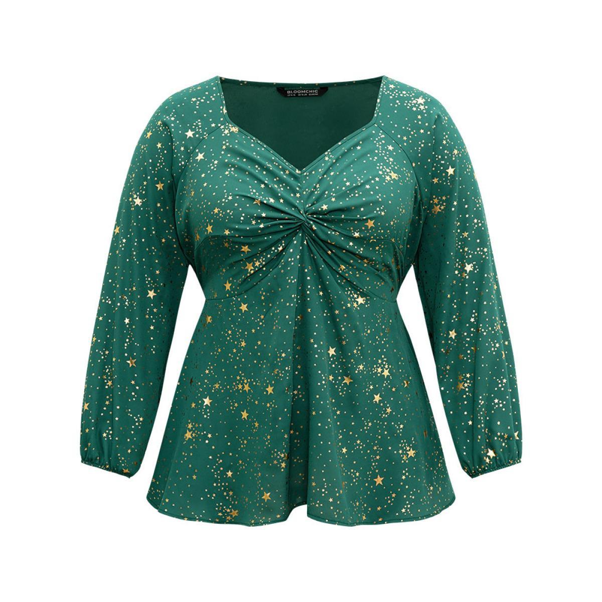 Plus Size DarkGreen Star Glitter Square Neck Twist Front Blouse Women Glamour Long Sleeve Square Neck Festival-Christmas Blouses BloomChic 18-20/2X Product Image