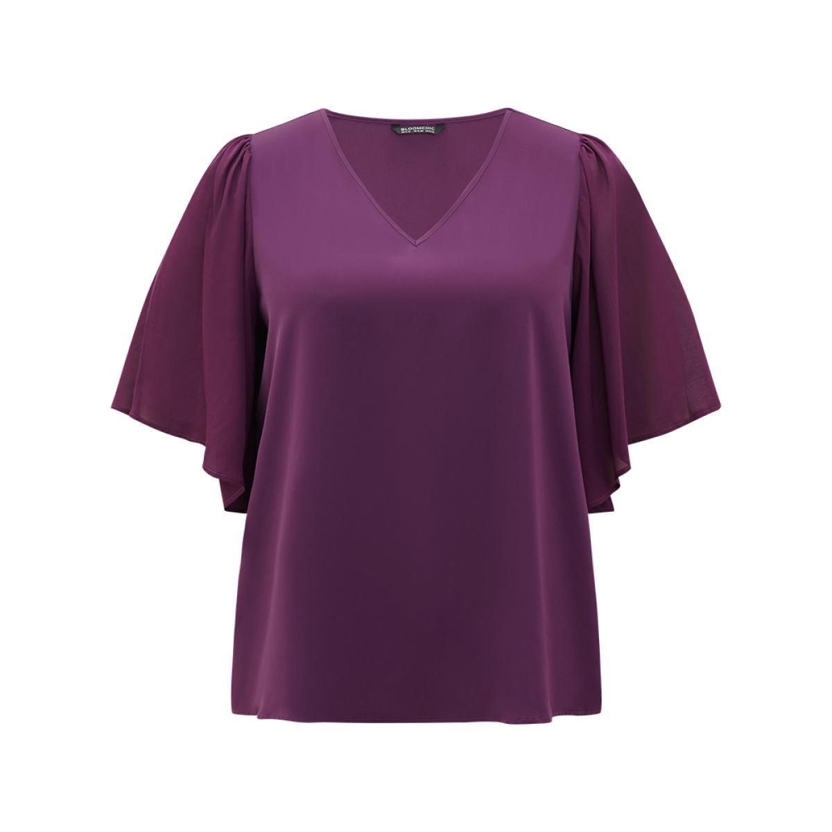 Plus Size Purple Anti-Wrinkle Plain V Neck Mesh Patchwork Flutter Sleeve Blouse Women Office Half Sleeve V-neck Work Blouses BloomChic 26/4X Product Image