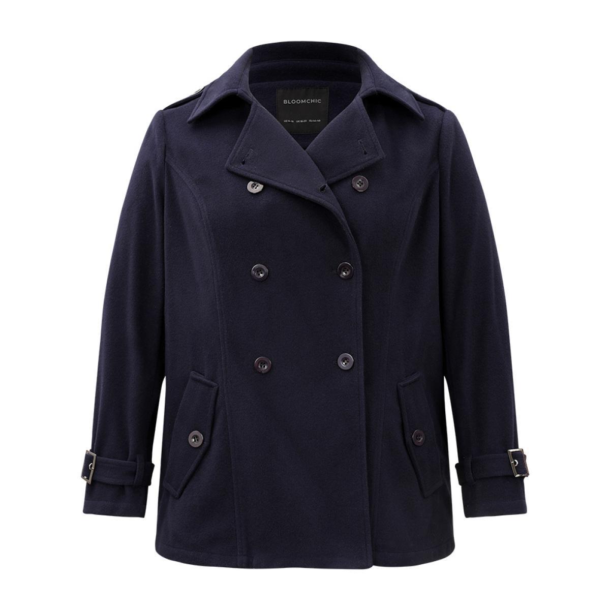 Plus Size Solid Buckle Detail Cuffs Lapel Collar Coat Women Midnight Casual Plain Ladies Everyday Winter Coats BloomChic 12/L Product Image