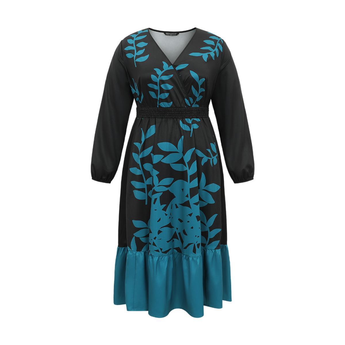 Plus Size Silhouette Floral Print Surplice Neck Shirred Dress Emerald Women Elegant Elastic cuffs Overlap Collar Long Sleeve Curvy Midi Dress BloomChic 10/M Product Image