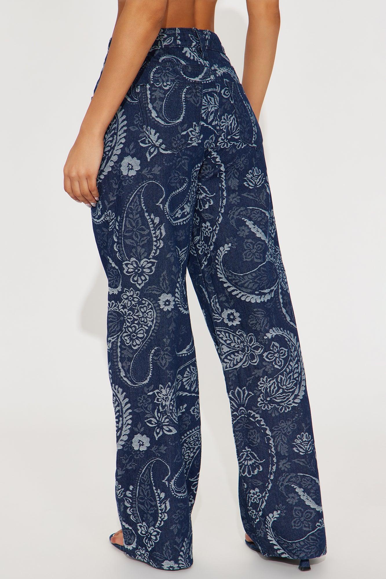 Paisley Dreams Jacquard Wide Leg Jeans - Dark Wash Product Image
