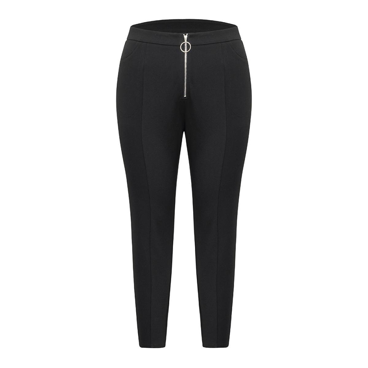 Plus Size O Ring Zipper High Rise Bodycon Pants Women Black Office Bodycon High Rise Work Pants BloomChic 22-24/3X Product Image