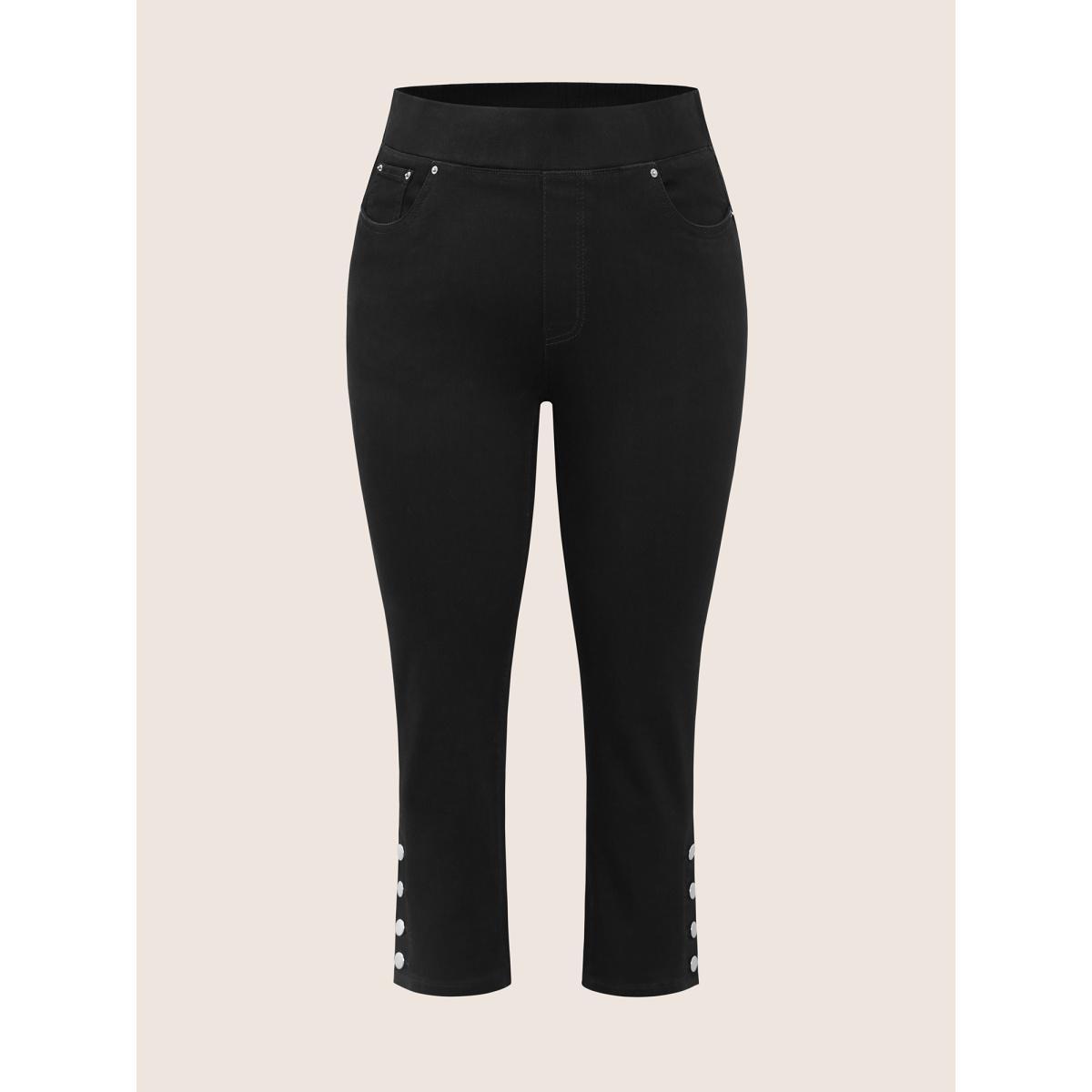 Plus Size Black Wash Button Detail Elastic Wais Slim Jeans Women Black Elegant Plain Non High stretch Pocket Jeans BloomChic 18/2X Product Image