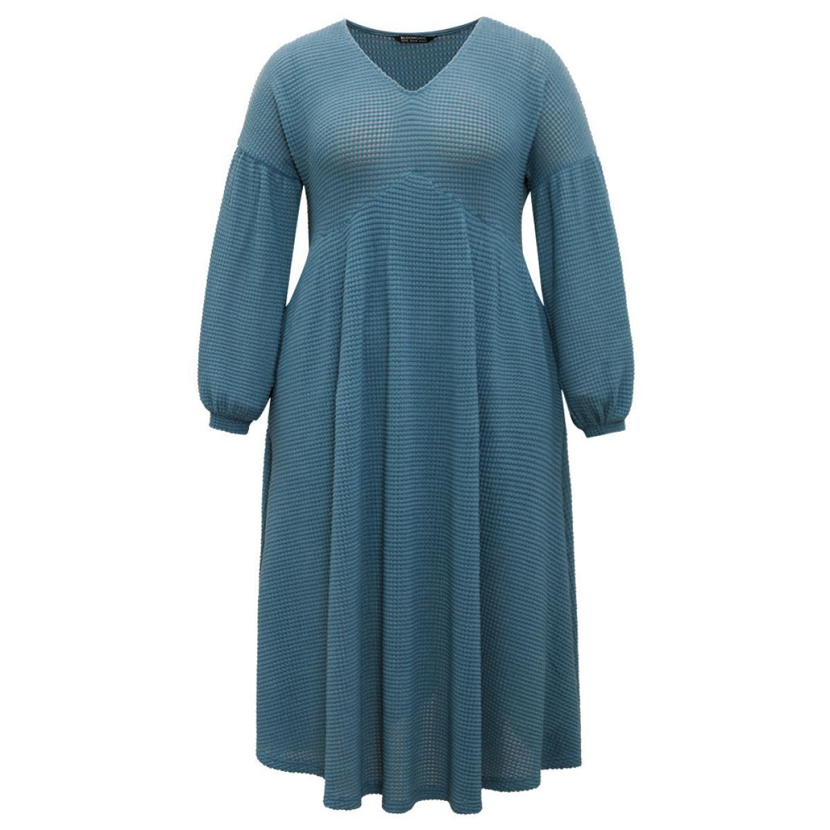 Plus Size Solid Waffle Knit Pocket Lantern Sleeve Dress Aegean Women Casual Texture V-neck Long Sleeve Curvy Midi Dress BloomChic 26/4X Product Image