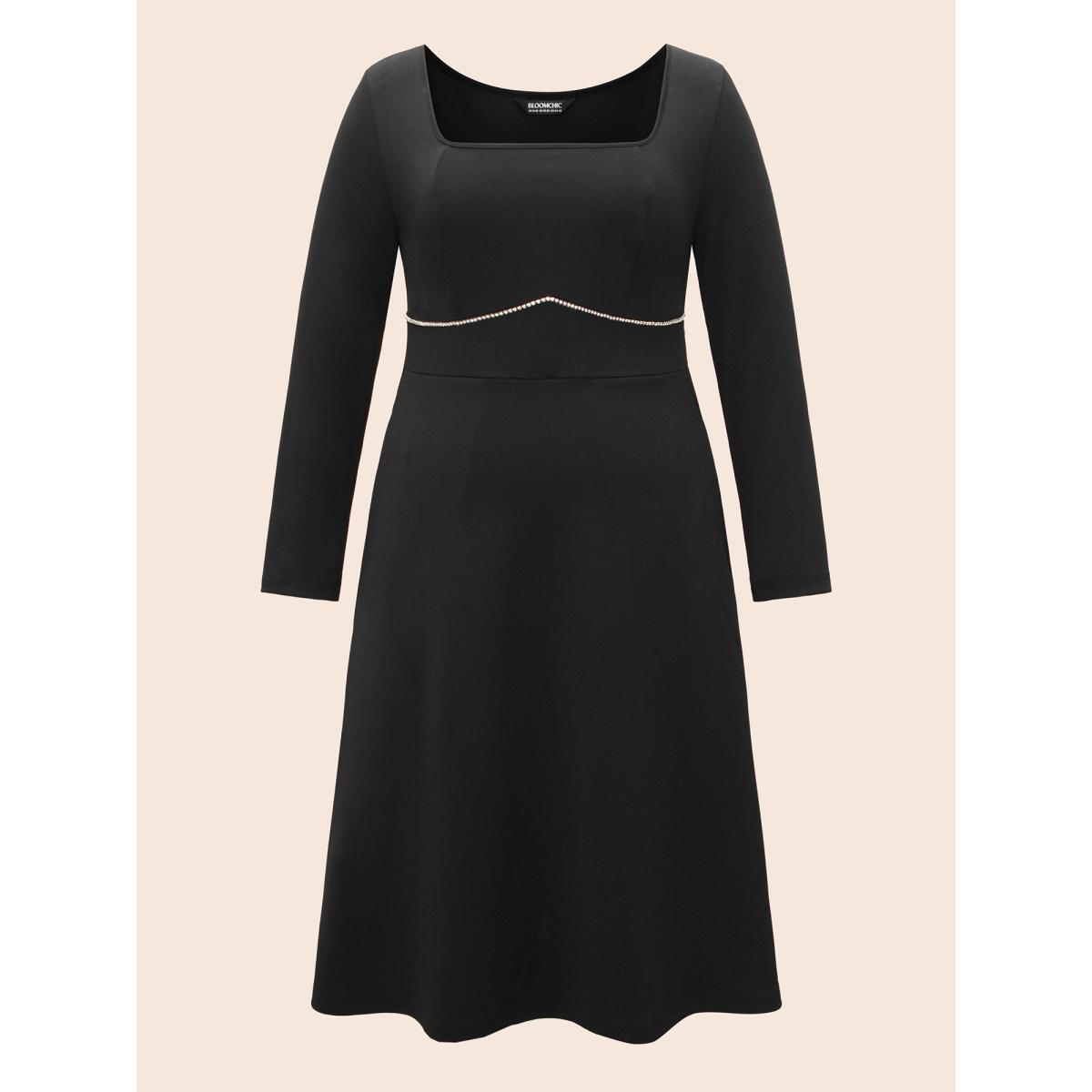 Plus Size Square Neck Shirred Rhinestone Midi Dress Black Women Cocktail Rhinestone detailing Party Curvy Bloomchic 10/M Product Image