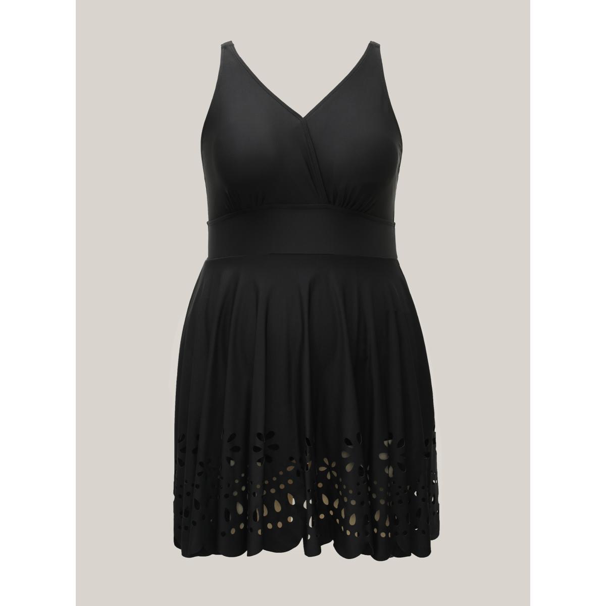 Plus Size Laser Cut Surplice Neck Waist-Cinched Swim Dress Women's Swimwear Black Beach Bodycon Overlap Collar High stretch Curve Swim Dresses BloomChic 18-20/2X Product Image