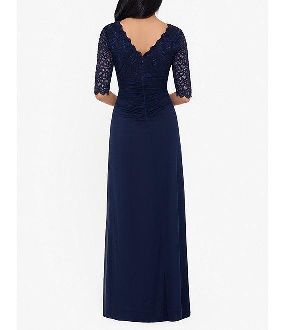 Betsy & Adam Sequin Lace V-Neck 3/4 Sleeve Gown Product Image