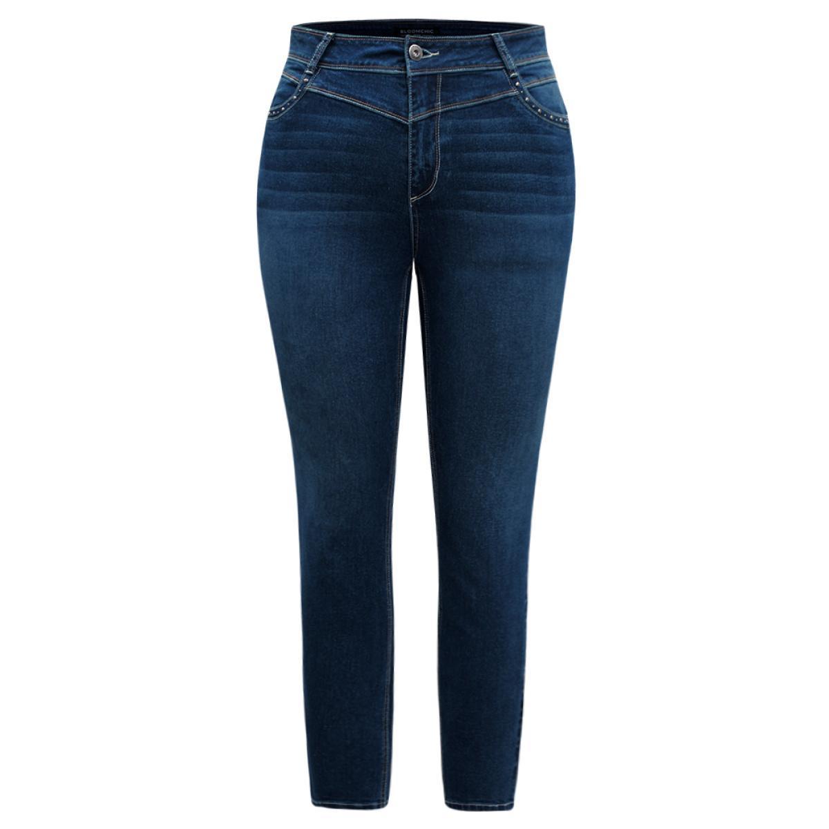 Plus Size Beaded Detail Pocket Full Length Jeans Women Indigo Casual Plain Beaded High stretch Pocket Jeans BloomChic 24/3X Product Image