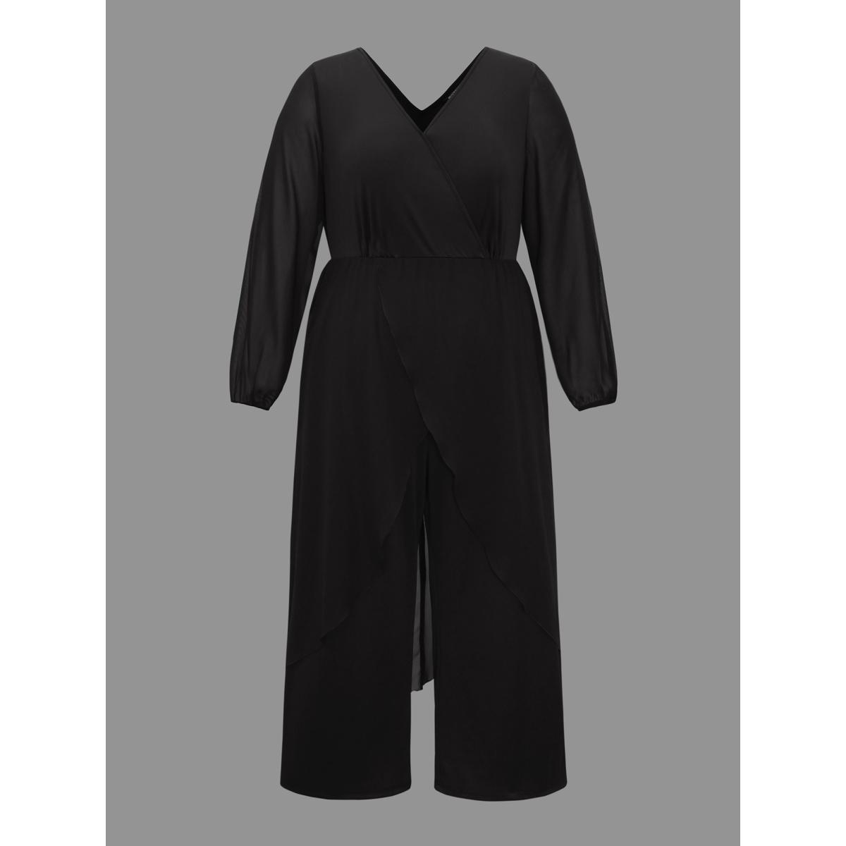 Plus Size Black Chiffon Mesh Overlap Collar Gathered Jumpsuit Women Cocktail Long Sleeve Overlap Collar Party Loose Jumpsuits BloomChic 14-16/1X Product Image