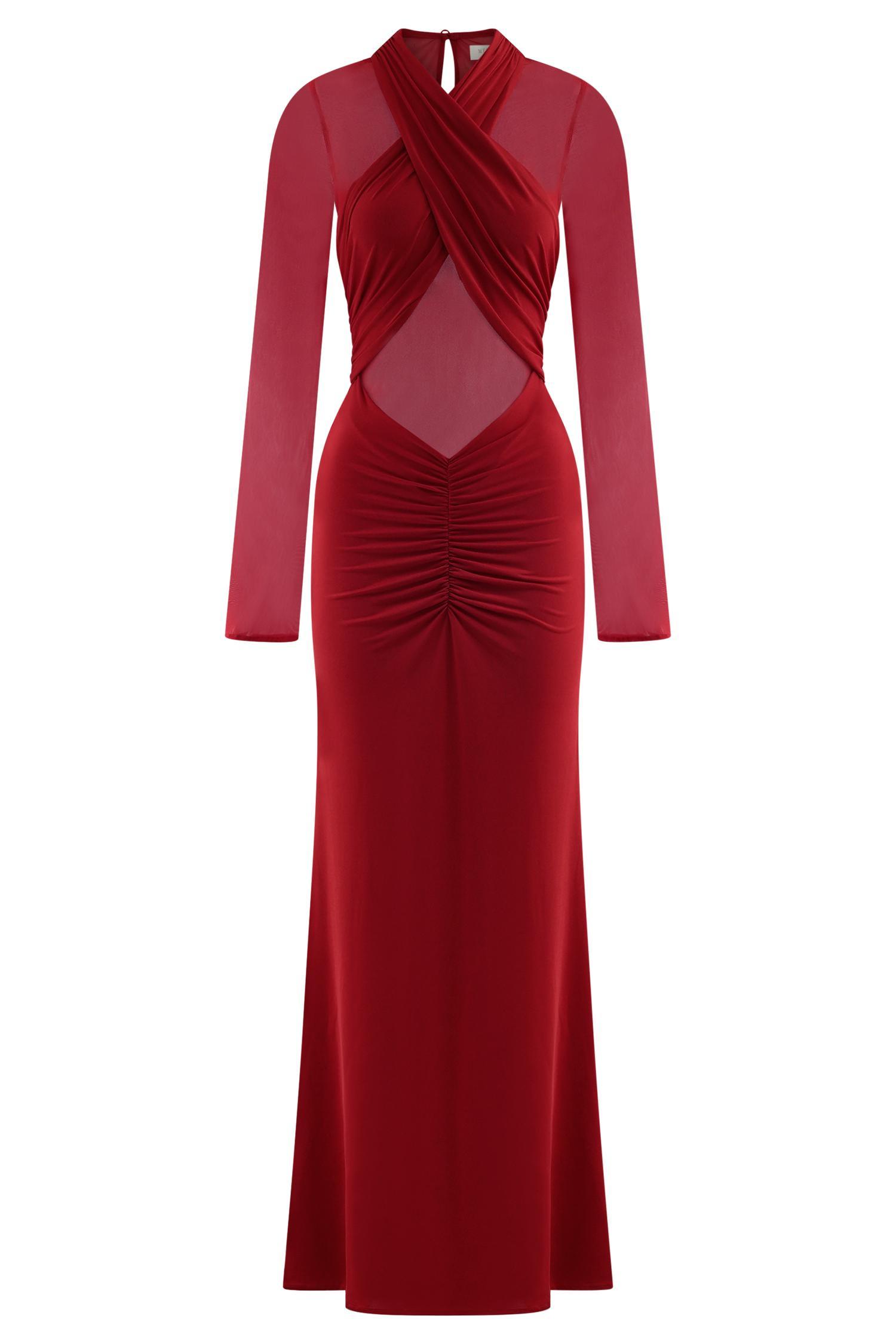 Tania Slinky And Mesh Long Sleeve Maxi Dress - Ruby Product Image