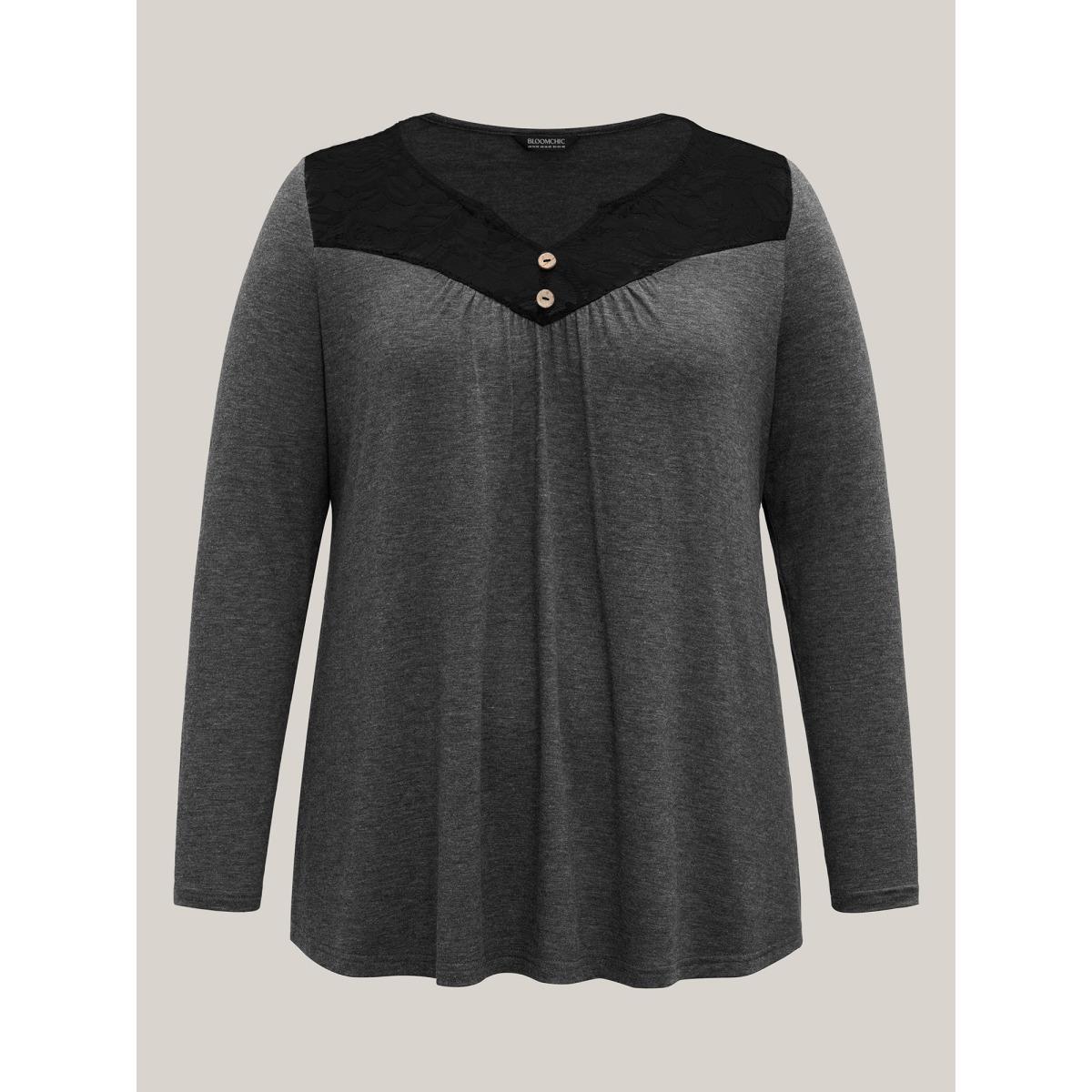 Plus Size Lace Neck Buttons Pleated T-Shirt DimGray Women Elegant Gathered Notched collar Everyday T-shirts BloomChic 30/6X Product Image