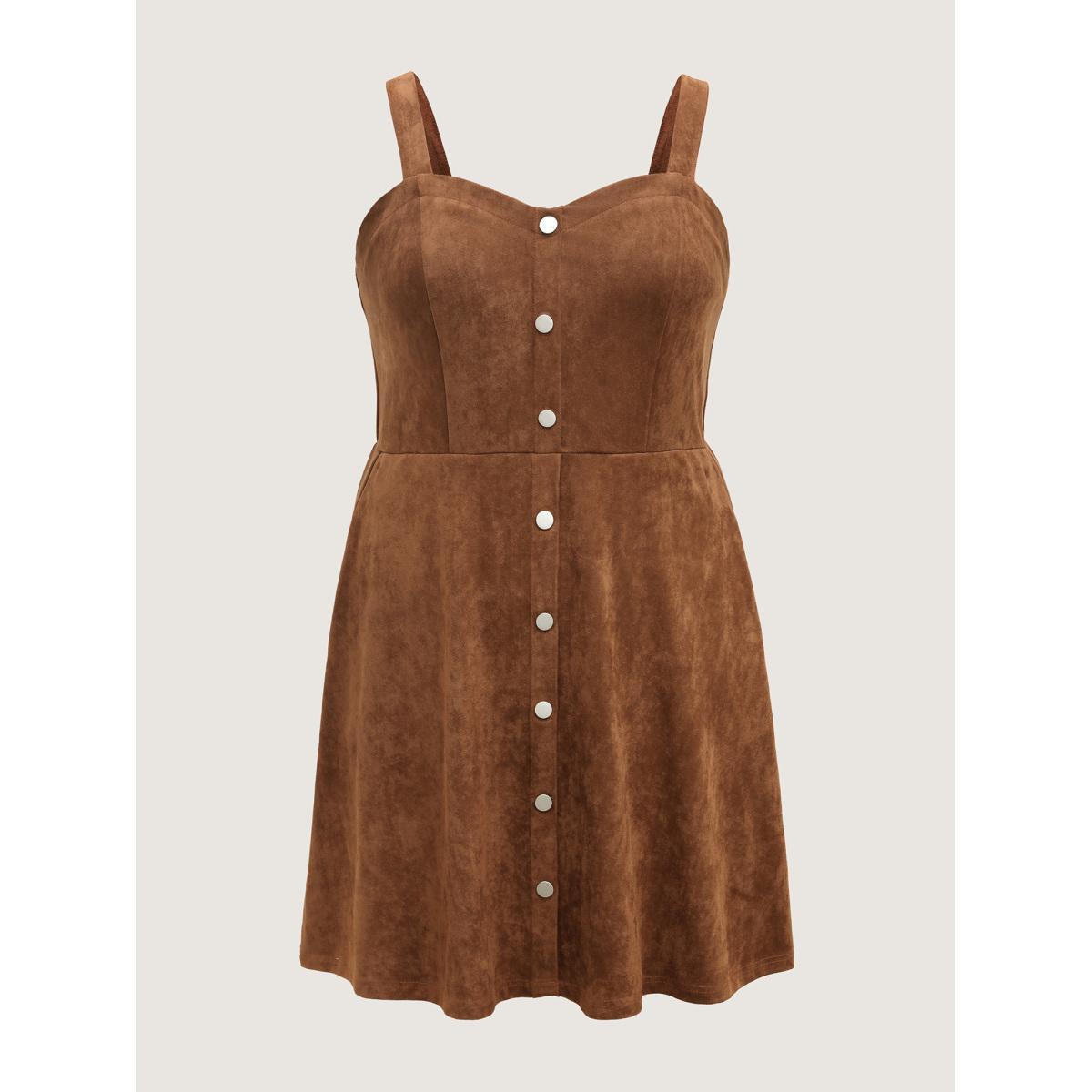 Plus Size Suede Button Placket Sweetheart Midi Dress Browncoffeecolor Women Square Neck Sleeveless Curvy BloomChic 28/5X Product Image