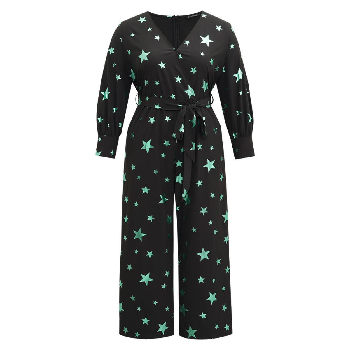 Plus Size Black Star Glitter Belted V Neck Jumpsuit Women Glamour Long Sleeve Overlap Collar Going out Loose Jumpsuits BloomChic 30/6X Product Image