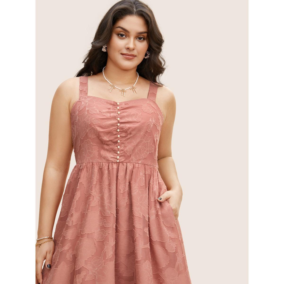 Plus Size Textured Mesh Pearl Beaded Ruched Pocket Dress DustyPink Women Elegant Texture Square Neck Sleeveless Curvy BloomChic 12/L Product Image