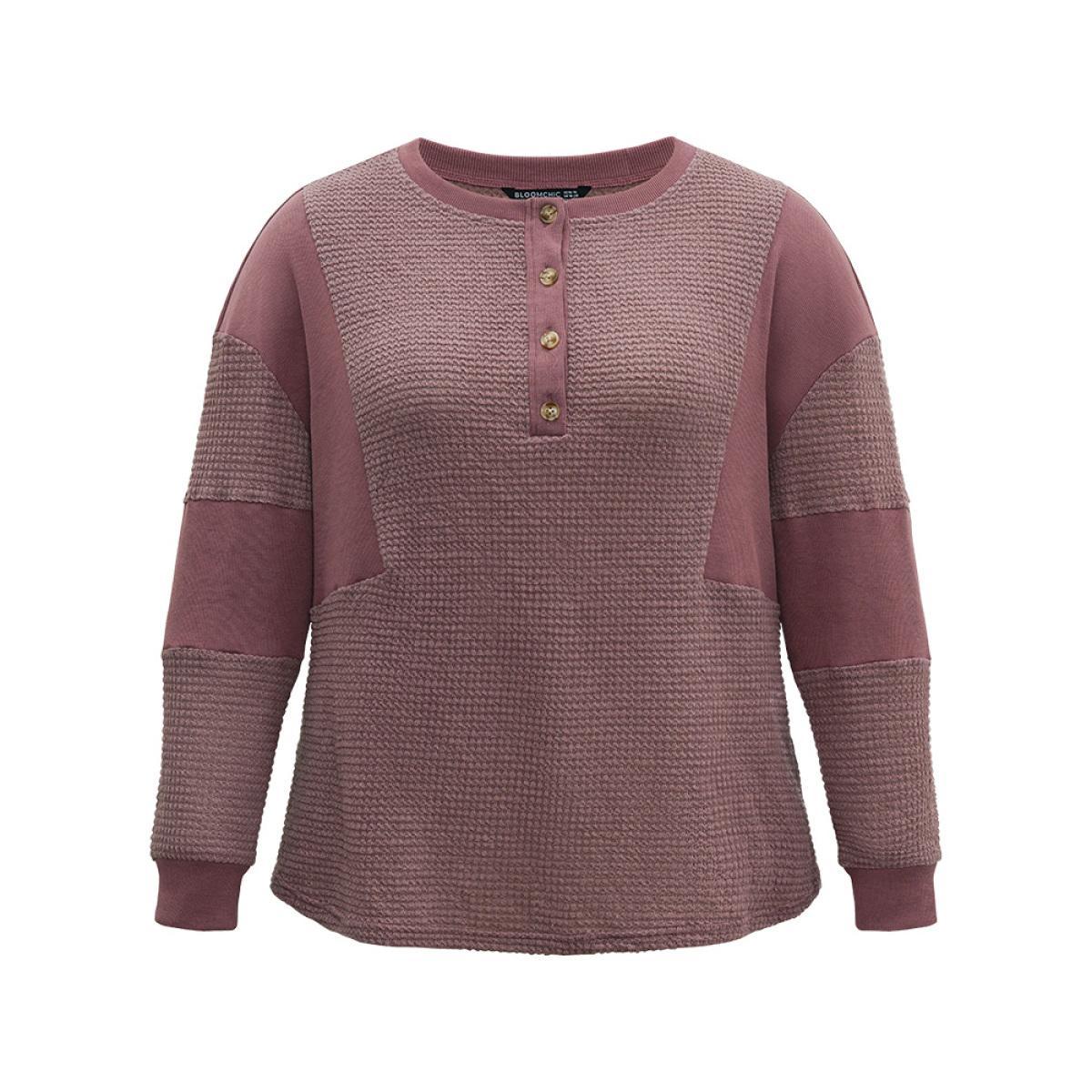 Plus Size Waffle Knit Patchwork Rib Knit Button Down Sweatshirt Women DustyPink Casual Rib Knit Open Front Dailywear Sweatshirts BloomChic 30/6X Product Image