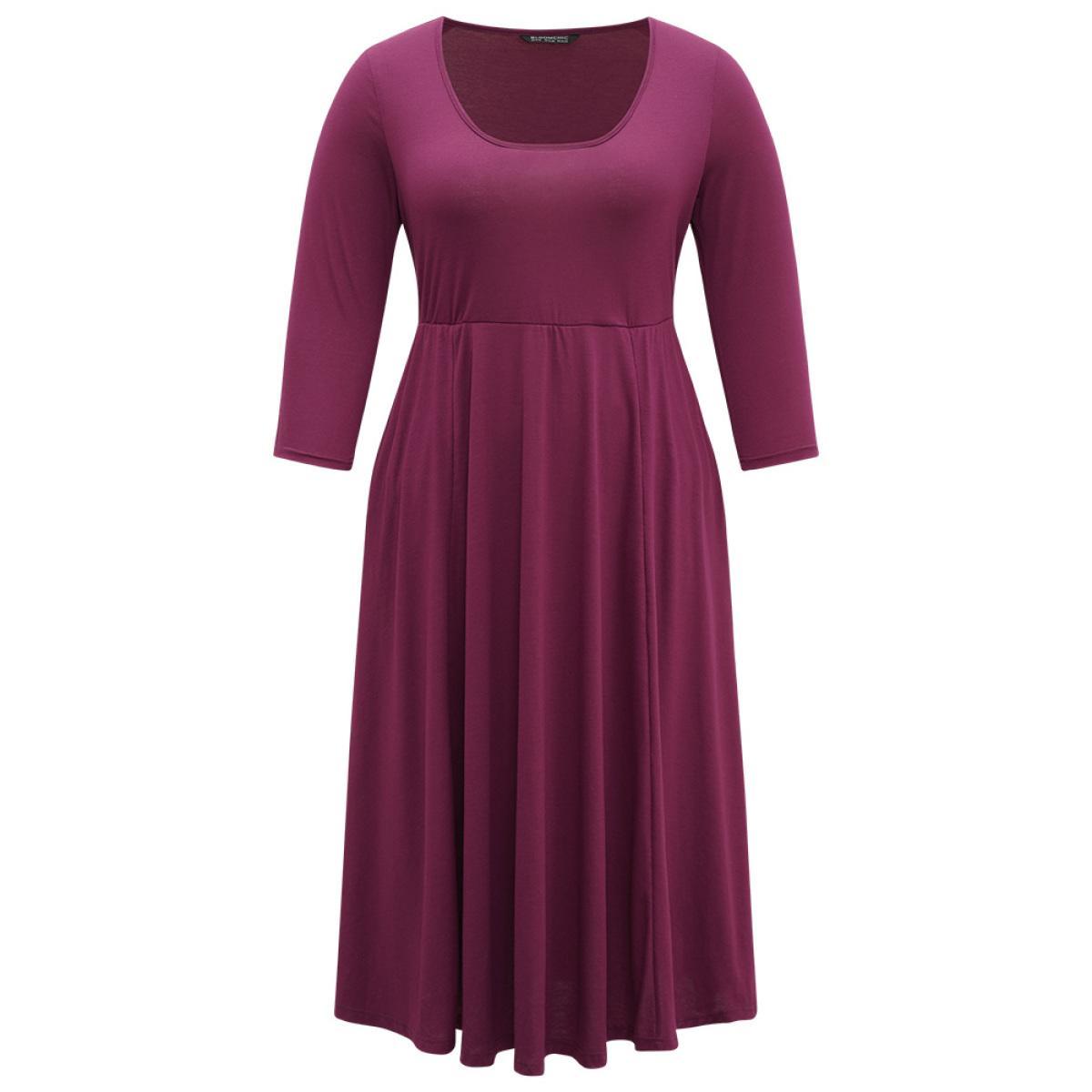 Plus Size Supersoft Essentials Scoop Neck Pleated Dress RedViolet Women Casual Plain Scoop Neck Elbow-length sleeve Curvy Midi Dress BloomChic 30/6X Product Image