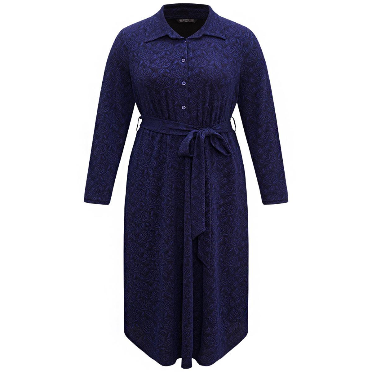 Plus Size Graphic Jacquard Shirt Collar Belted Dress Indigo Women Office Texture Shirt collar Long Sleeve Curvy Midi Dress BloomChic 22-24/3X Product Image