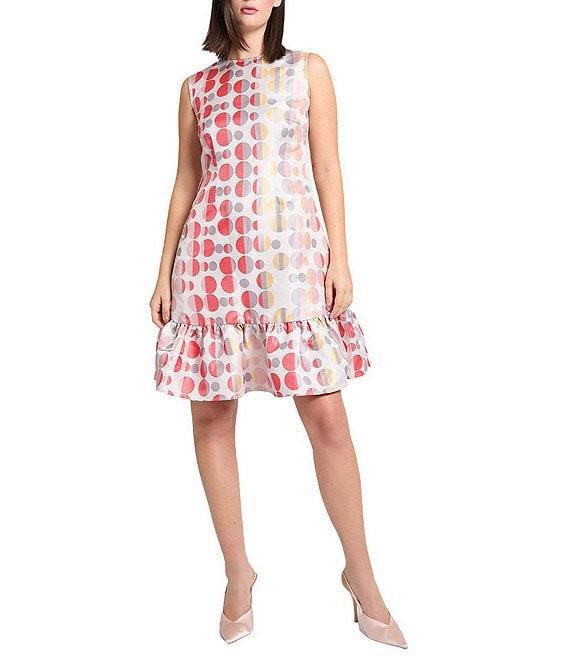 Ming Wang Novelty Woven Jacquard Polka Dot Crew Neck Sleeveless A-line Belted Sheath Dress Product Image