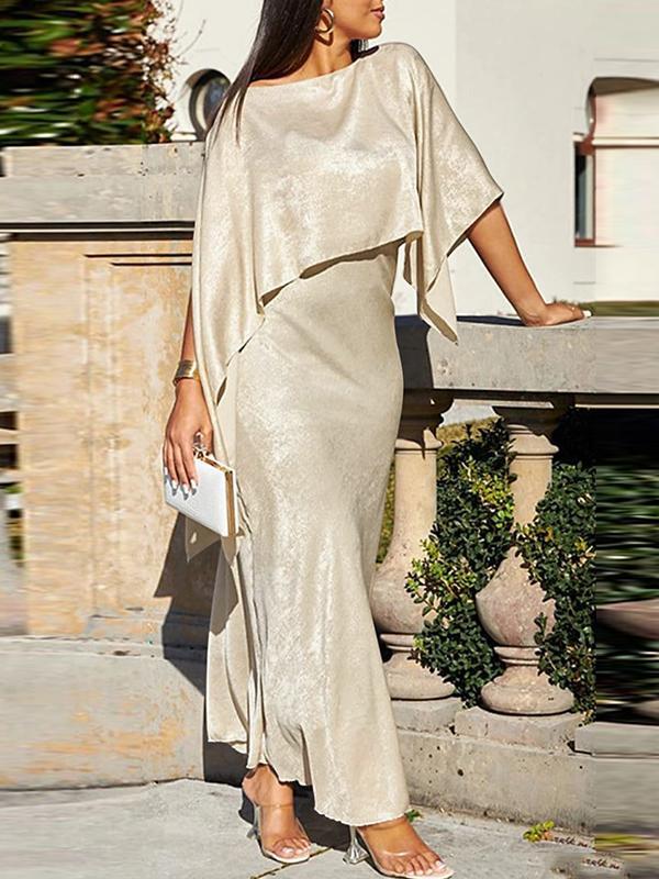 Batwing Sleeves Cape Shiny Solid Color Split-Joint Boat Neck Evening Dresses Maxi Dresses Product Image