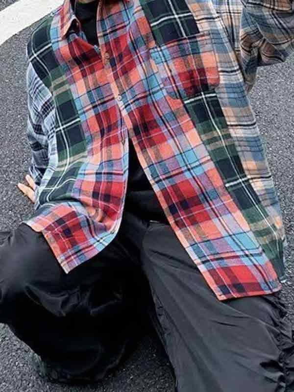 Men's Vintage Plaid Splice Long Sleeve Blouse Product Image