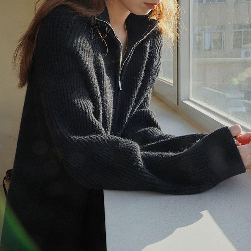 Long Sleeve Stand Collar Plain Half Zip Ribbed Midi Shift Sweater Dress Product Image