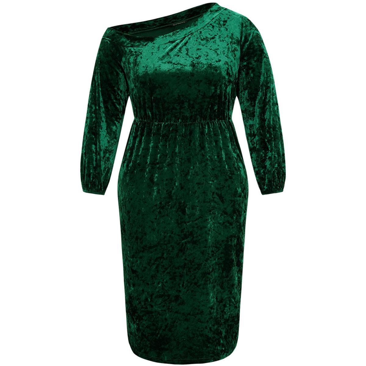Plus Size Solid Velvet One Shoulder Elastic Waist Dress Cyan Women Glamour Elastic cuffs One Shoulder Long Sleeve Curvy Midi Dress BloomChic 28/5X Product Image