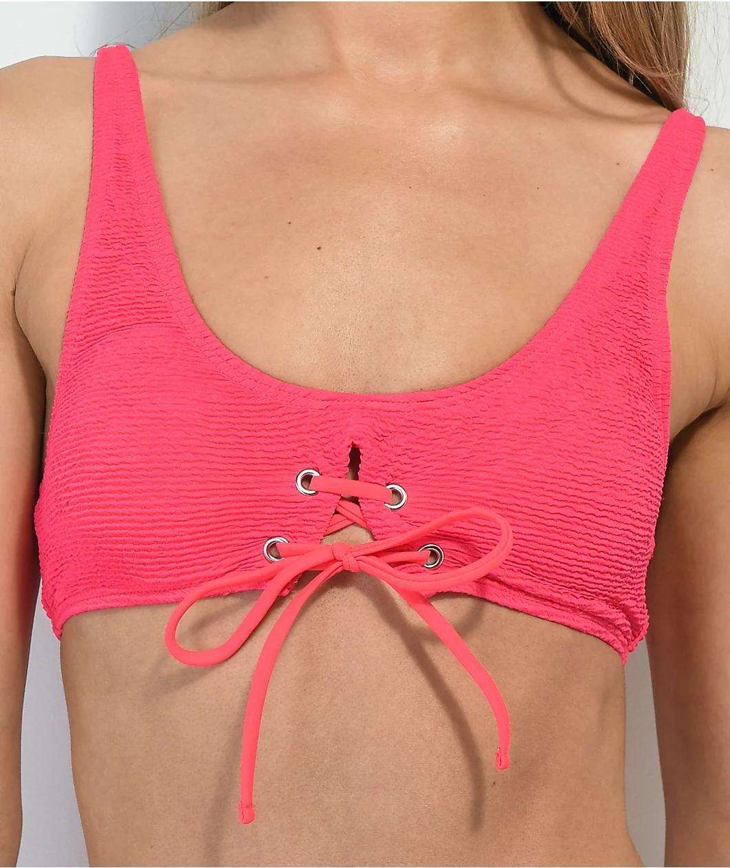 Damsel Diva Lace Up Mini Ruffle Pink Bralette Bikini Top Product Image