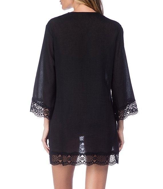 La Blanca Island Fare V-Neck Crinkle Crochet Trim Swim Cover Up Tunic Product Image