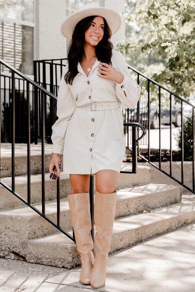 No Expectations Cream Corded Long Sleeve Belted Mini Dress FINAL SALE Product Image
