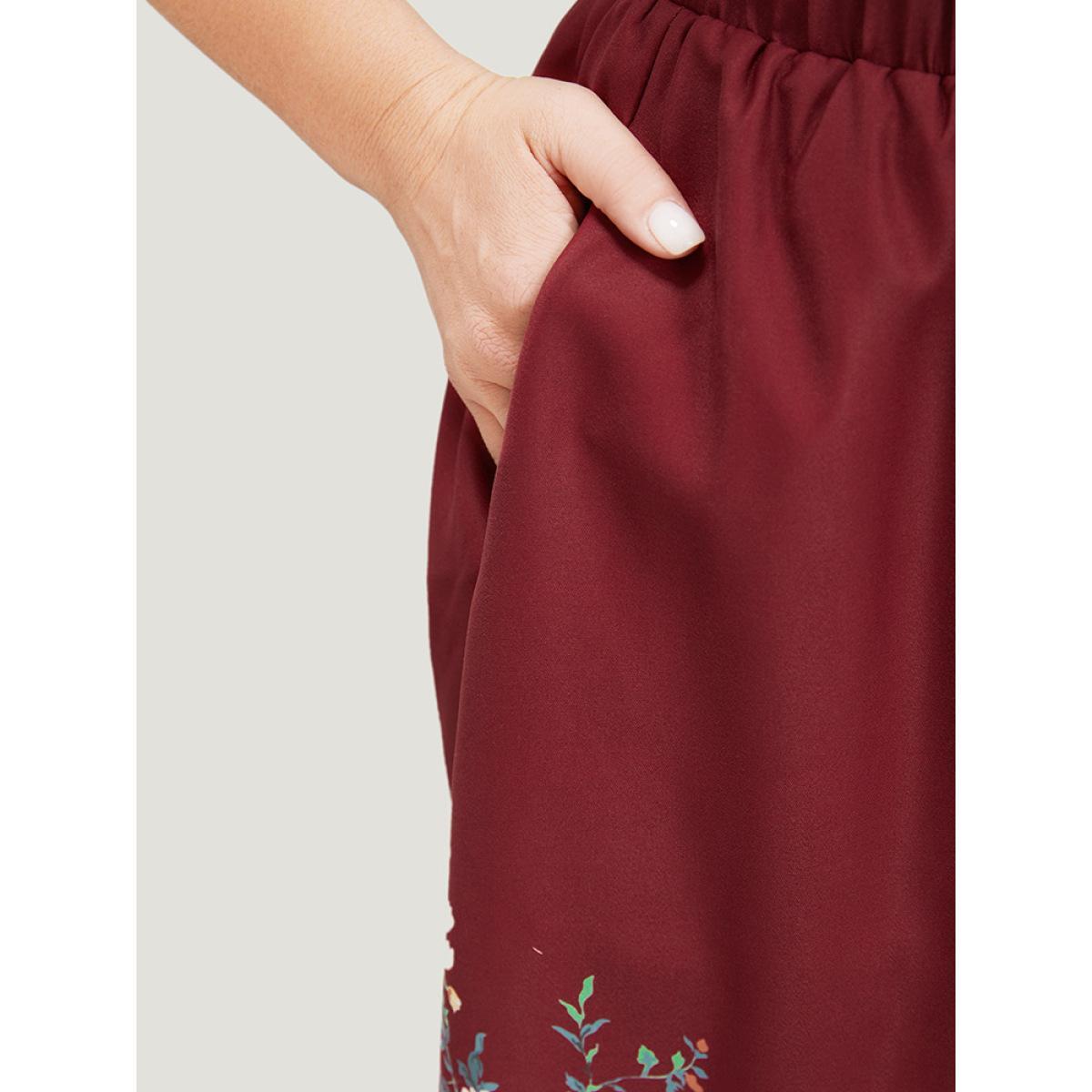 Plus Size Floral Print Pocket Flutter Hem Skirt Women Burgundy Elegant Printed No stretch Pocket Dailywear Skirts BloomChic 22-24/3X Product Image