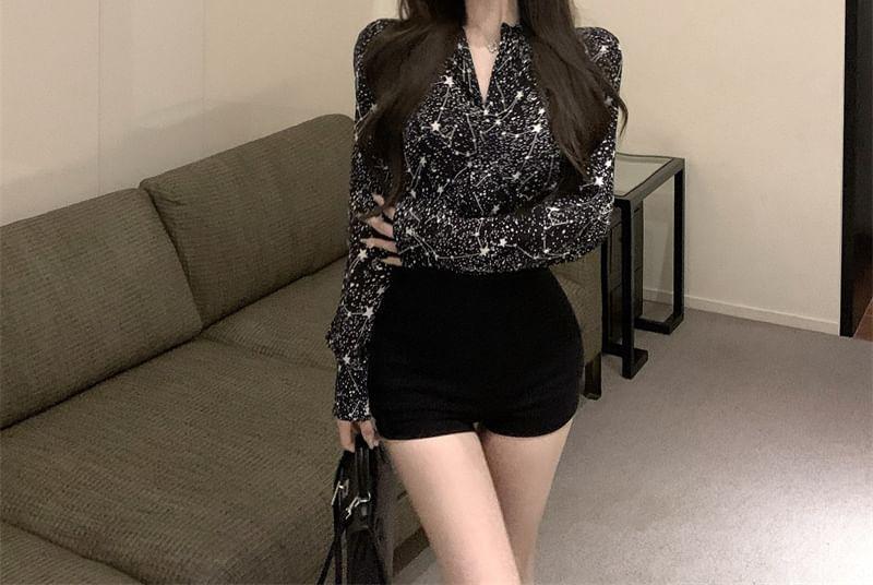 Long Sleeve Band Collar Starry Print Blouse Product Image