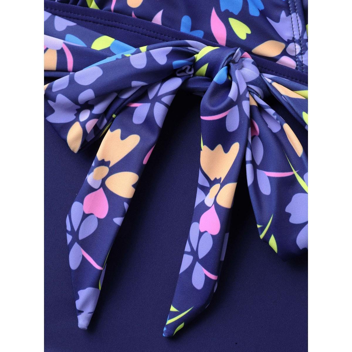 Plus Size Floral Ruffled Belted One-Piece Swimsuit Women's Swimwear Indigo Beach Tie knot Curve Bathing Suits High stretch One Pieces BloomChic 14-16/1X Product Image