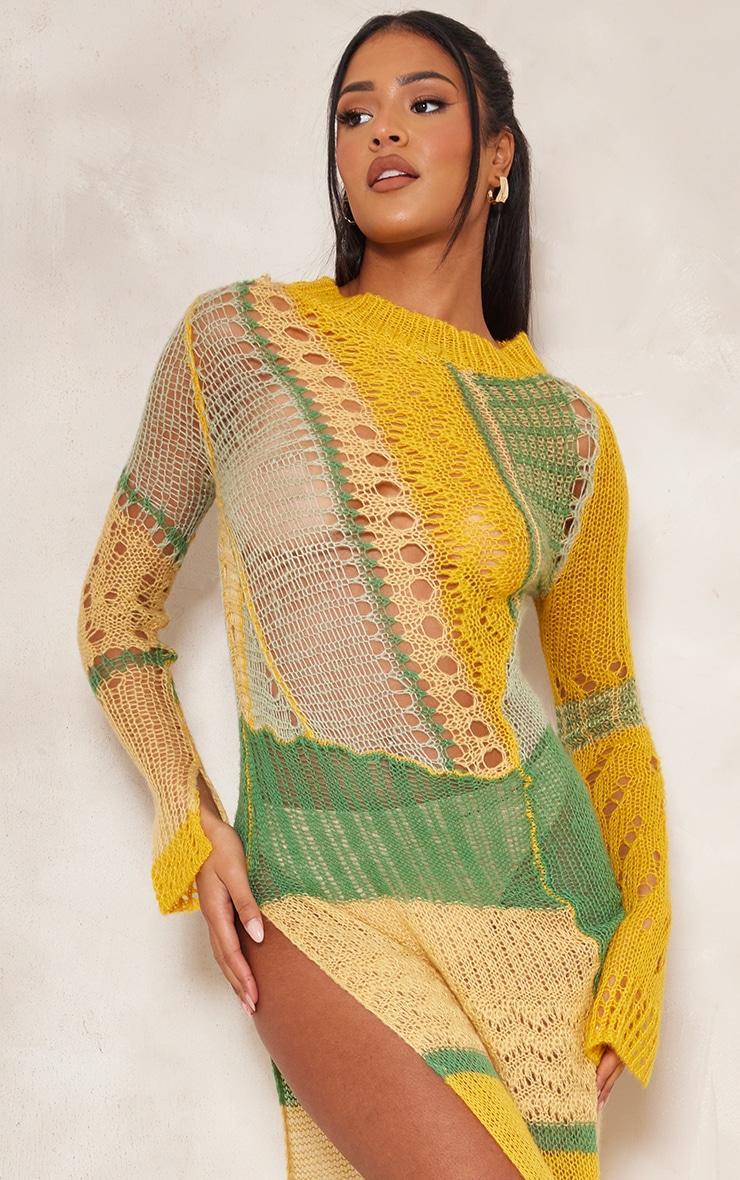 Tall Yellow Open Knit Distressed Maxi Dress With Side Split Product Image