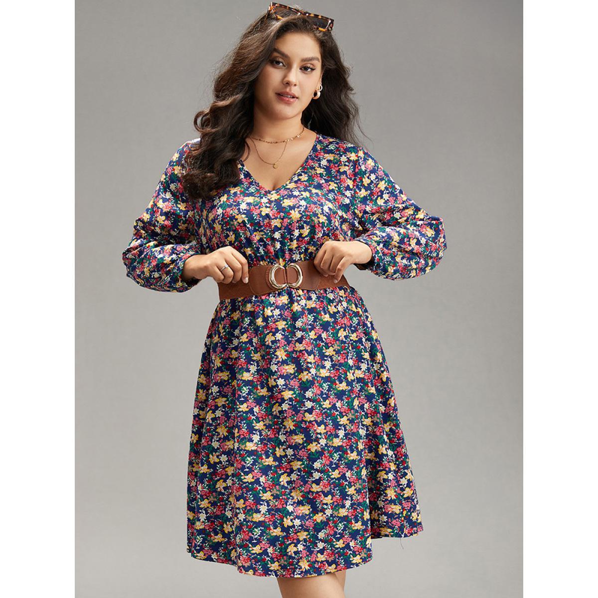 Plus Size Ditsy Floral Shirred Knee Dress DarkBlue Women Elegant Printed V-neck Long Sleeve Curvy Knee Dress BloomChic 10/M Product Image