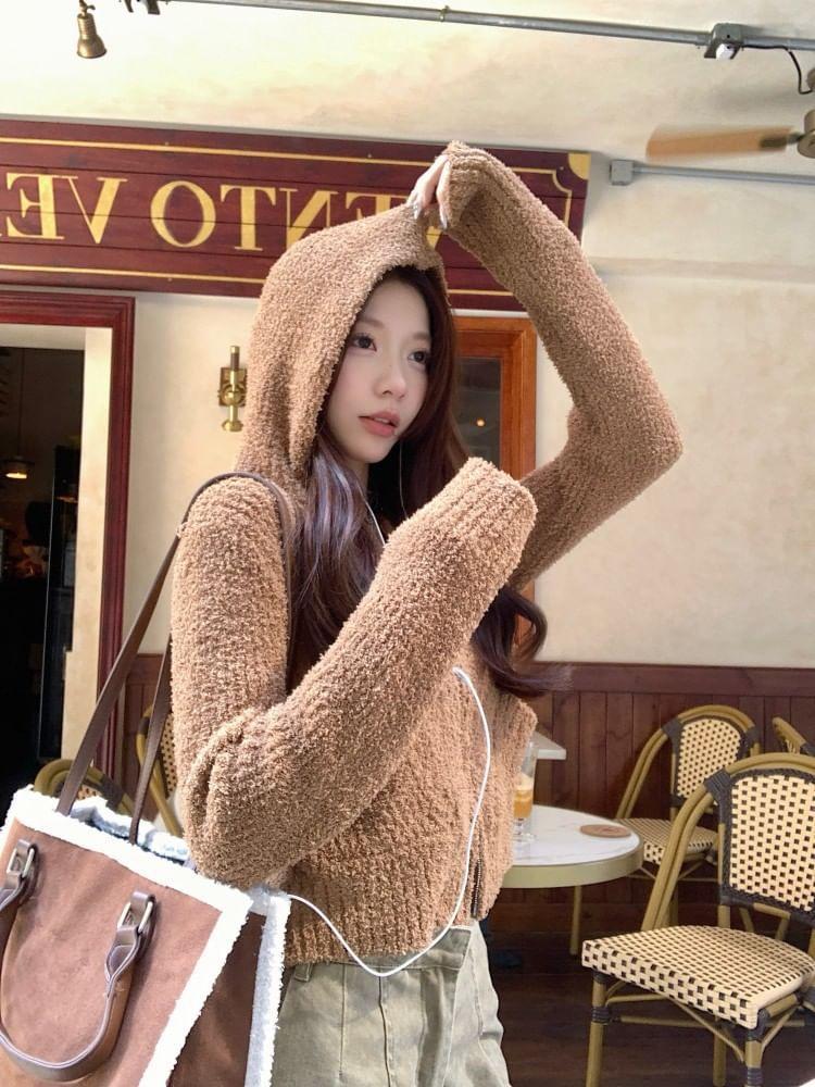 Plain Hooded Cropped Zip Cardigan Product Image