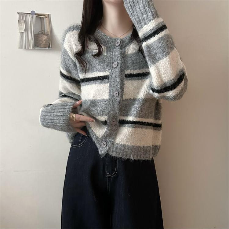 Round Neck Striped Cardigan Product Image