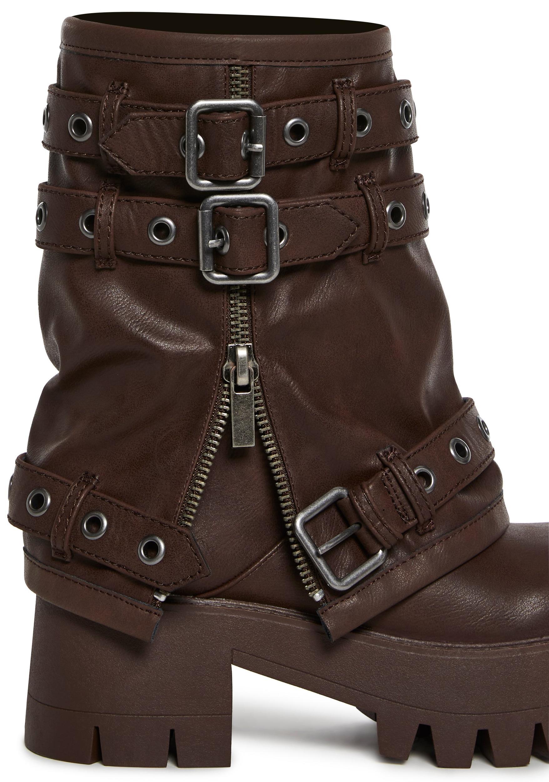 Vegan Leather Multi Buckle Mid Calf Zippered Combat Boots Darker Wavs - Brown Product Image