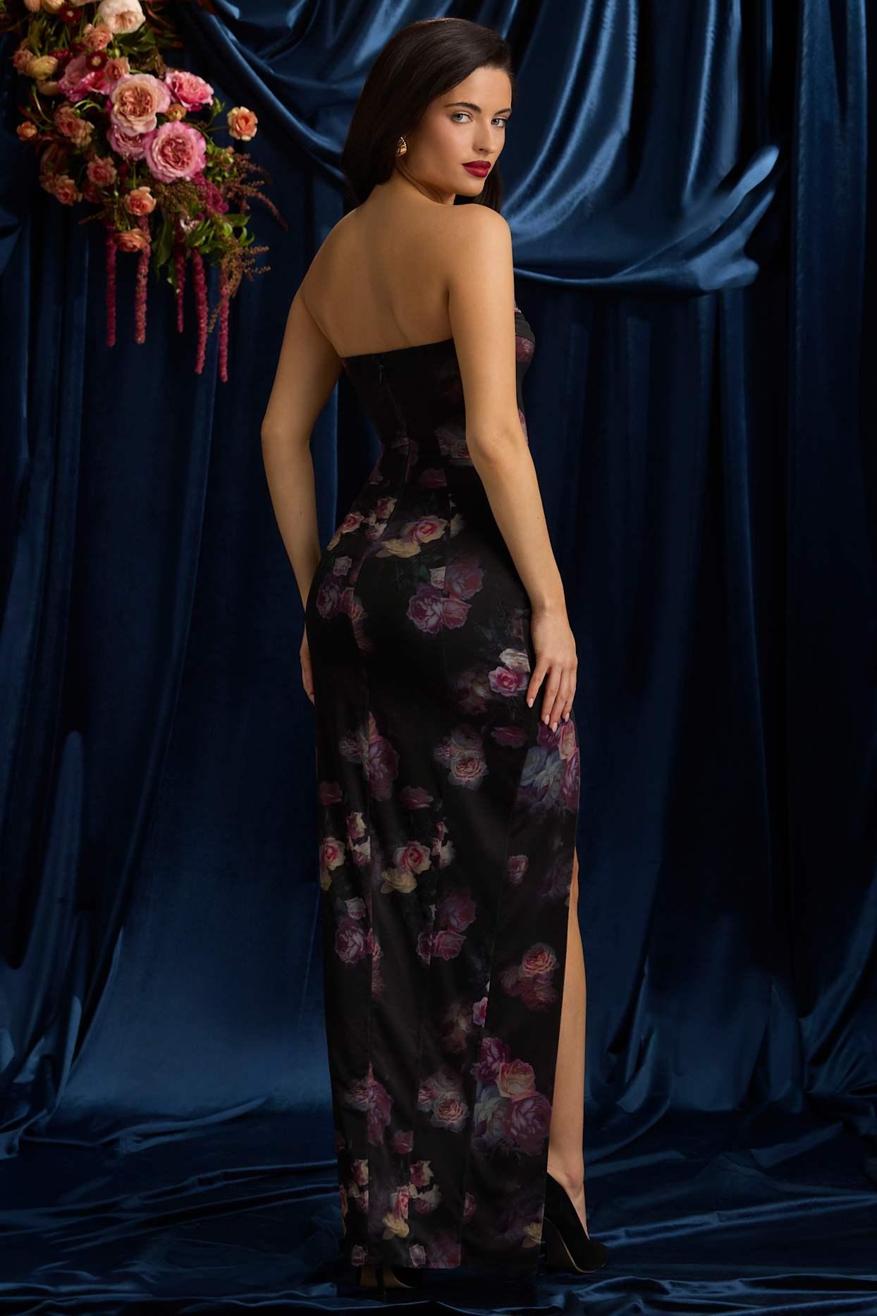 Bandeau Cowl-Neck Maxi Dress in Black Floral Print Product Image