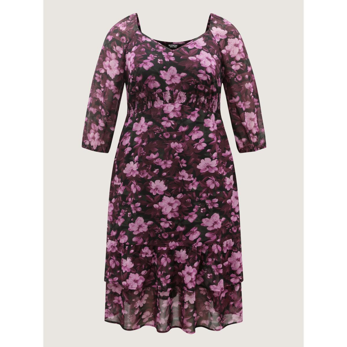 Plus Size Large Floral Print Shirred Waist Midi Dress Deeppurplered Women Shirred Heart neckline Elbow-length sleeve Curvy BloomChic 28/5X Product Image
