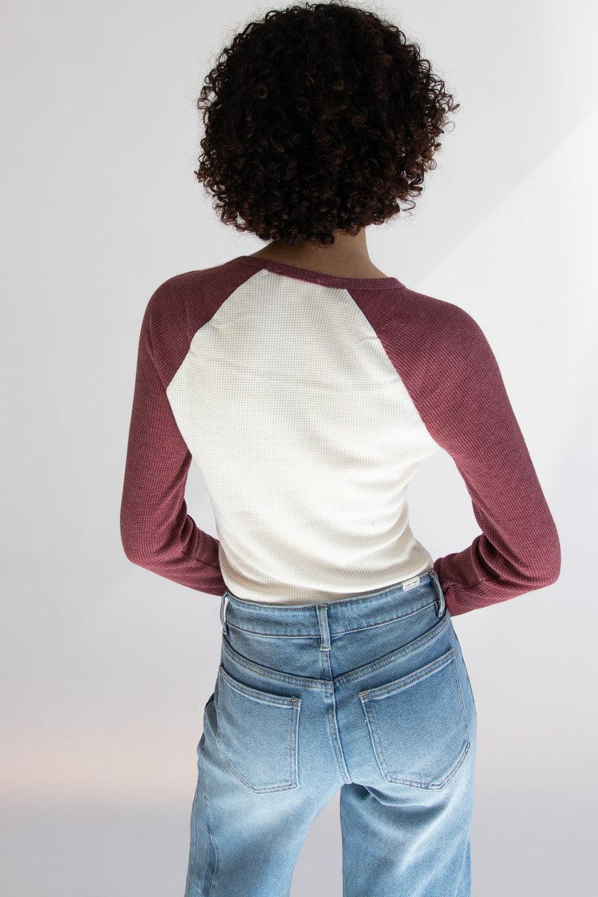 Cherry Waffle Weave Long Sleeve Baseball Tee Product Image