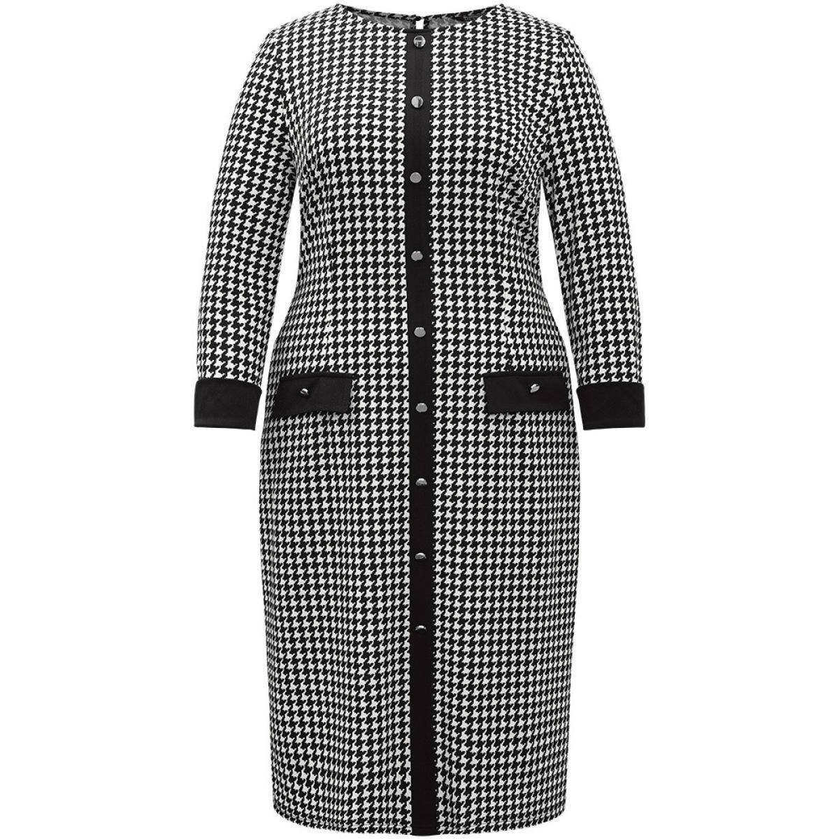 Plus Size :Houndstooth Pocket Button Detail Dress Black Women Office Contrast Round Neck Long Sleeve Curvy Midi Dress BloomChic 30/6X Product Image