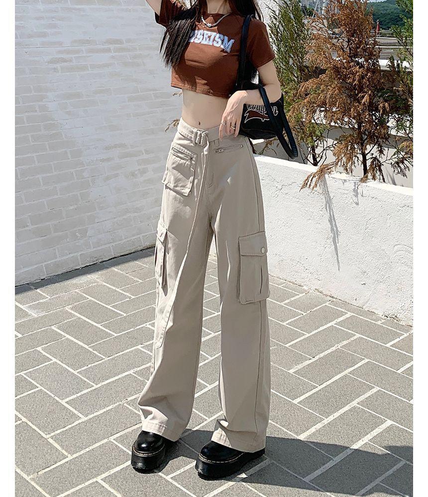Mid Rise Plain Wide Leg Cargo Jeans Product Image