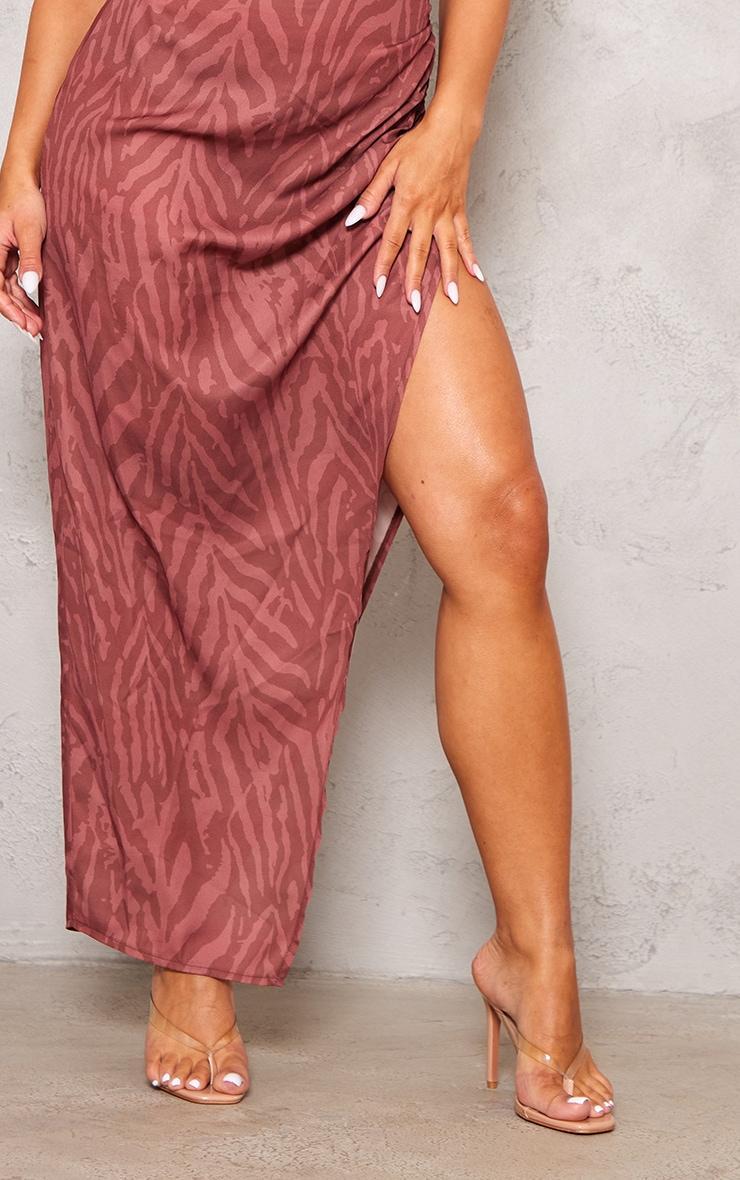 Chocolate Zebra Print Lace Trim Ruched One Shoulder Midaxi Dress Product Image