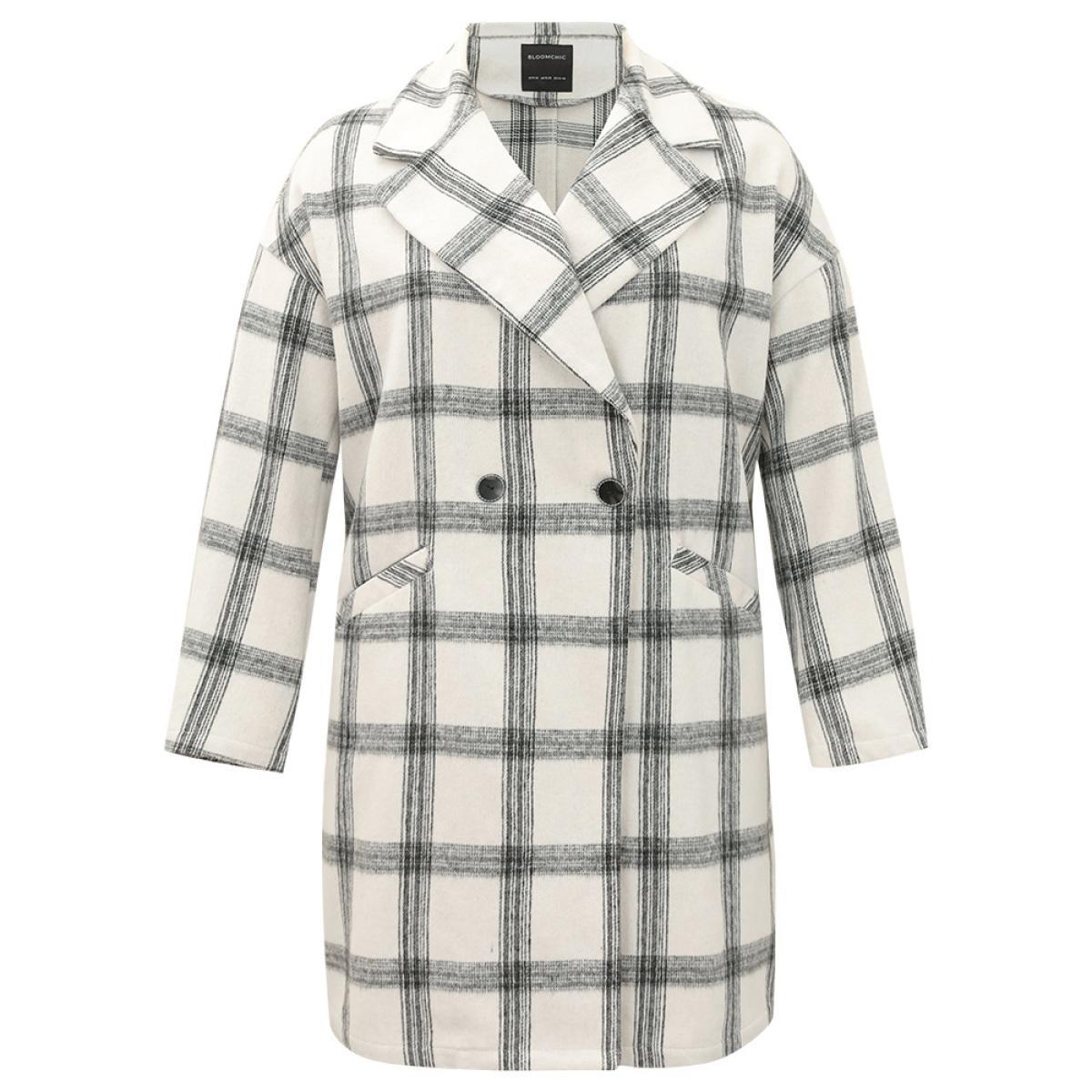 Plus Size Plaid Lapel Collar Button Up Coat Women White Casual Button Ladies Dailywear Winter Coats BloomChic 26/4X Product Image