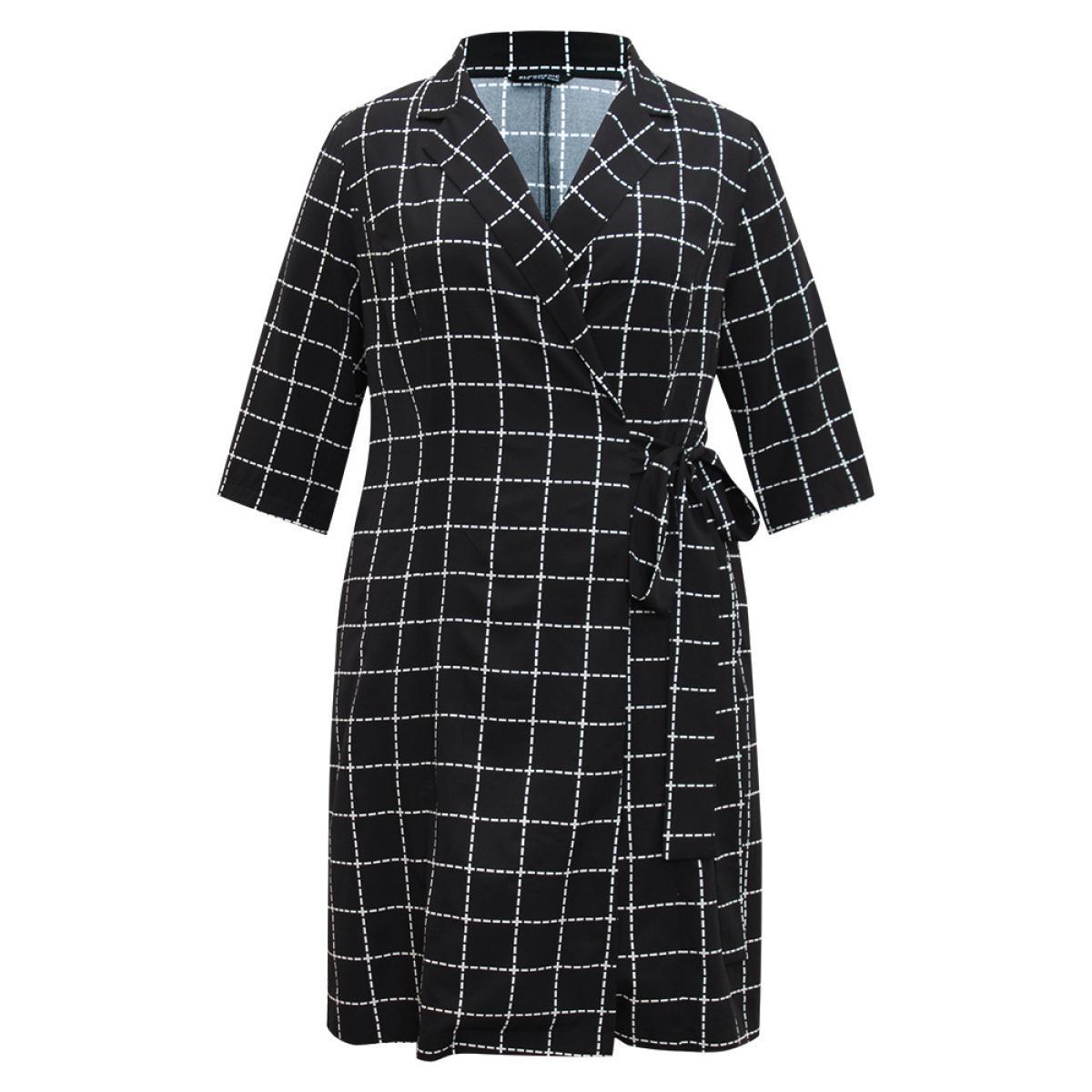 Plus Size Plaid Suit Collar Pocket Ties Wrap Dress Black Women Office Wrap Suit Collar Elbow-length sleeve Curvy Midi Dress BloomChic 18-20/2X Product Image